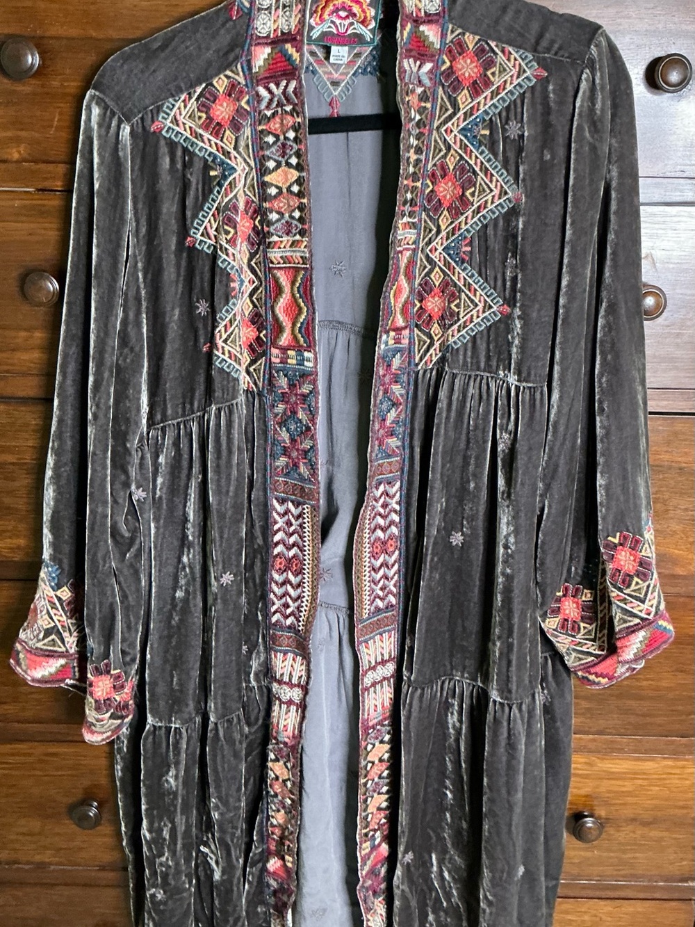 Johnny Was Charcoal Velvet Embroidered Open Front Coatigan with Multi-Color Trim